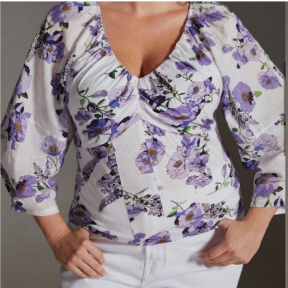 ANTHROPOLOGIE Floral V Neck ruched knit top size M - Picture 7 of 16